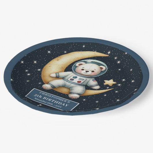 テディベアー宇宙飛行士男の赤ちゃんファースト誕生日プレート ペーパープレート (アングル)