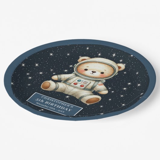 テディベアー宇宙飛行士男の赤ちゃん誕生日紙プレート ペーパープレート (アングル)