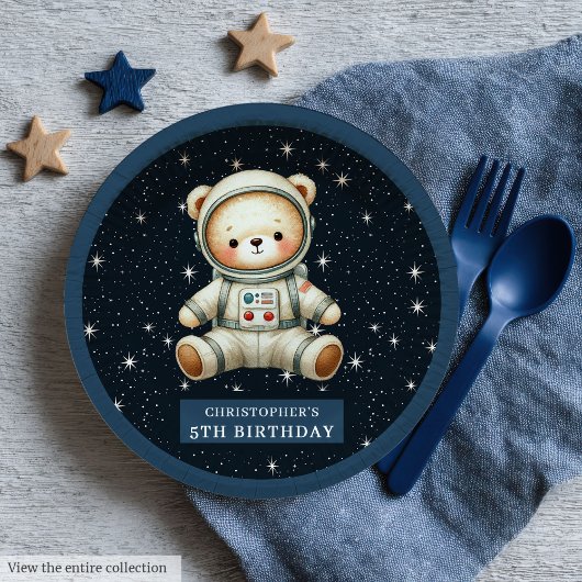 テディベアー宇宙飛行士男の赤ちゃん誕生日紙プレート ペーパープレート