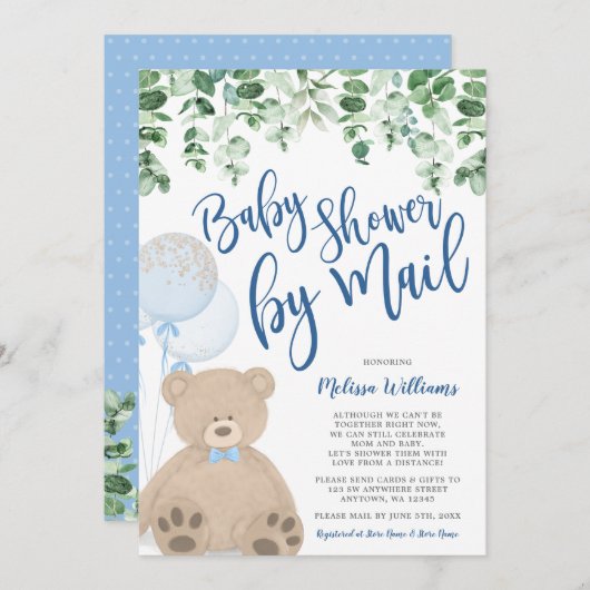 テディベアー風船ユーカリプタスベビーシャワー（郵送） 招待状 (正面/裏面)
