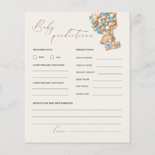 テディベア予測とアドバイスベビーシャワーゲーム (正面)