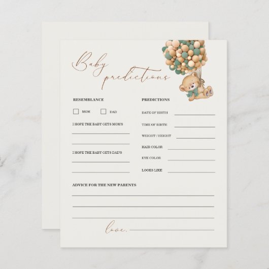 テディベア予測とアドバイスベビーシャワーゲーム (正面/裏面)