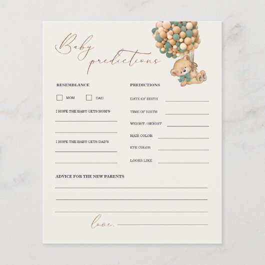 テディベア予測とアドバイスベビーシャワーゲーム (正面)