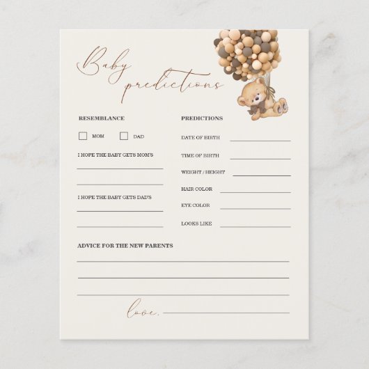 テディベア予測とアドバイスベビーシャワーゲーム (正面)