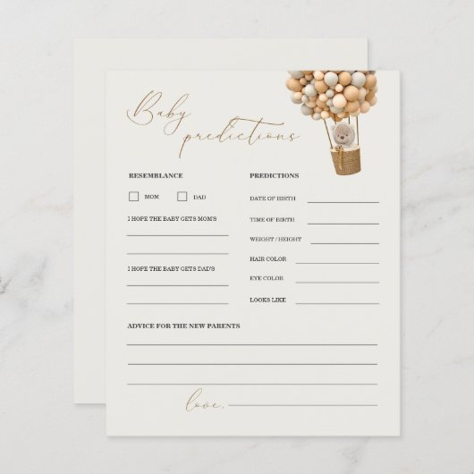 テディベア予測とアドバイスベビーシャワーゲーム (正面/裏面)