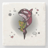 テディベア付きオルカホエールイン宇宙グラフィックデザイン ストーンコースター (正面)