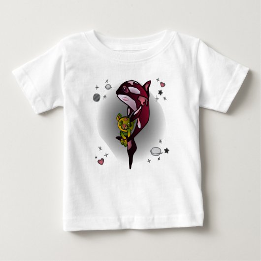 テディベア付きオルカホエールイン宇宙グラフィックデザイン ベビーTシャツ (正面)