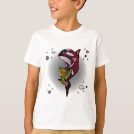 テディベア付きオルカホエールイン宇宙グラフィックデザイン Tシャツ