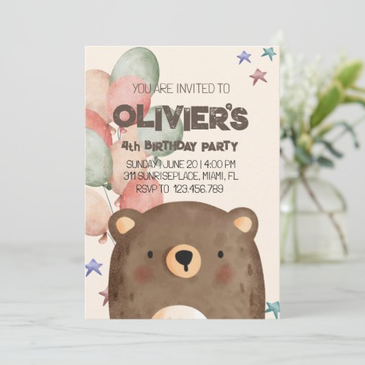 テディベア任意の年齢の誕生日の招待カード 招待状 (スタンド正面)