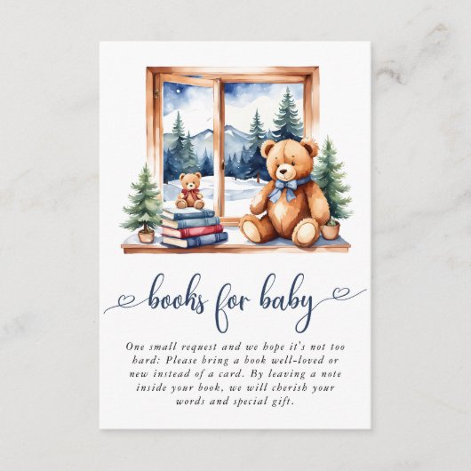 テディベア冬の男の子の赤ちゃんシャワー本ベビー エンクロージャーカード (正面)