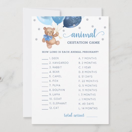 テディベア動物妊娠ゲームベビーシャワーカード 招待状 (正面)