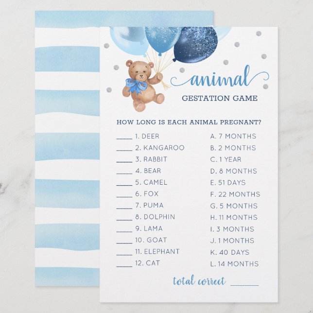 テディベア動物妊娠期間ゲーム ベビーシャワー (正面/裏面)