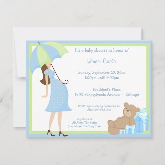 テディベア及びブルーギフトベビーシャワー招待状 招待状 (正面)