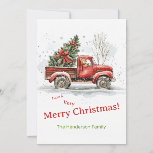 テディベア古い赤いトラックのビンテージクリスマス シーズンカード (正面)