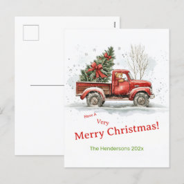 テディベア古い赤いトラックのビンテージクリスマス シーズンポストカード