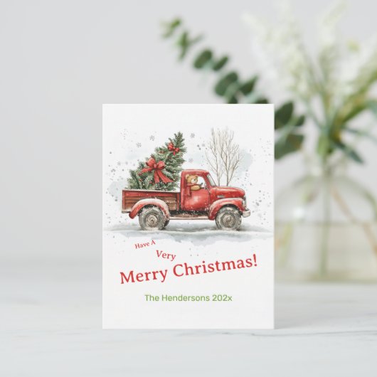 テディベア古い赤いトラックのビンテージクリスマス シーズンポストカード (スタンド正面)