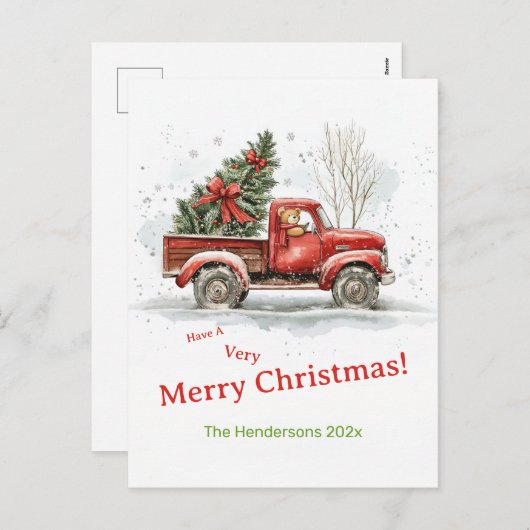 テディベア古い赤いトラックのビンテージクリスマス シーズンポストカード (正面/裏面)