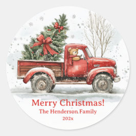 テディベア古い赤いトラックのビンテージクリスマス ラウンドシール