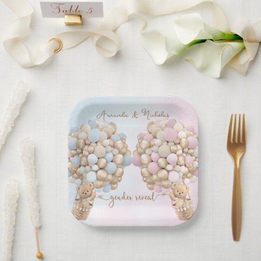 テディベア可愛いピンクとブルーのベビーリビール ペーパープレート (ウェディング)