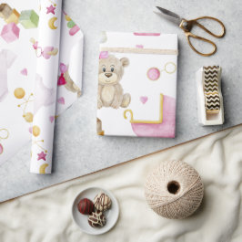 テディベア女の子ピンクの水の色ベビーシャワー ラッピングペーパー