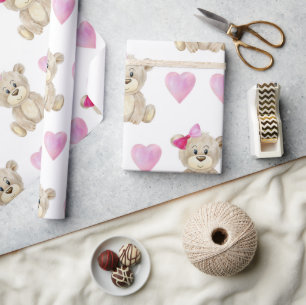 テディベア女の子ピンクの水の色ベビーシャワー ラッピングペーパー