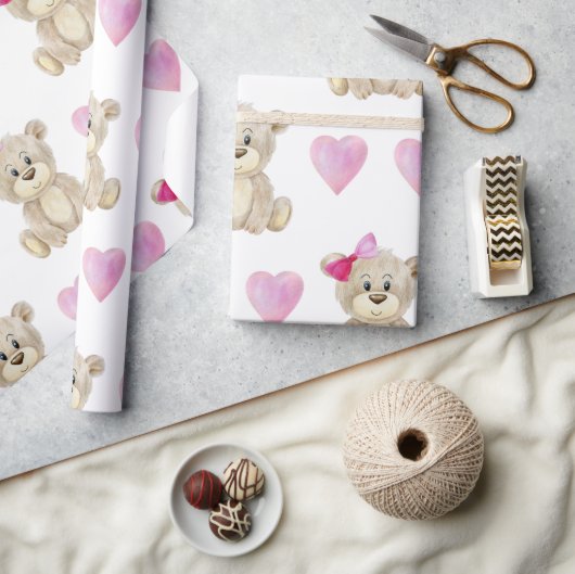 テディベア女の子ピンクの水の色ベビーシャワー ラッピングペーパー (クラフト)