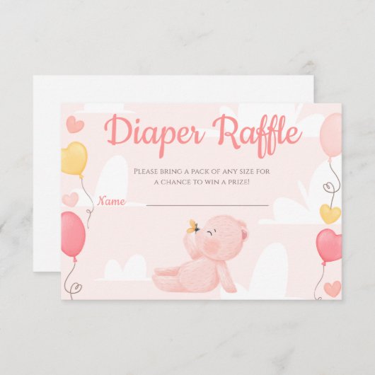 テディベア女の子ベビーシャワーおむつラッフルカード 招待状 (正面/裏面)