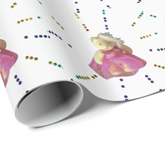 テディベア子供の女の子ピンクのパーティー誕生日プレゼント ラッピングペーパー (ロールコーナー)