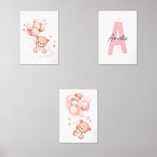 テディベア子供部屋ベビーガールイニシャル名壁アート (正面)