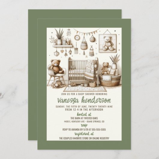 テディベア子供部屋ベビーシャワー招待状 招待状 (正面/裏面)