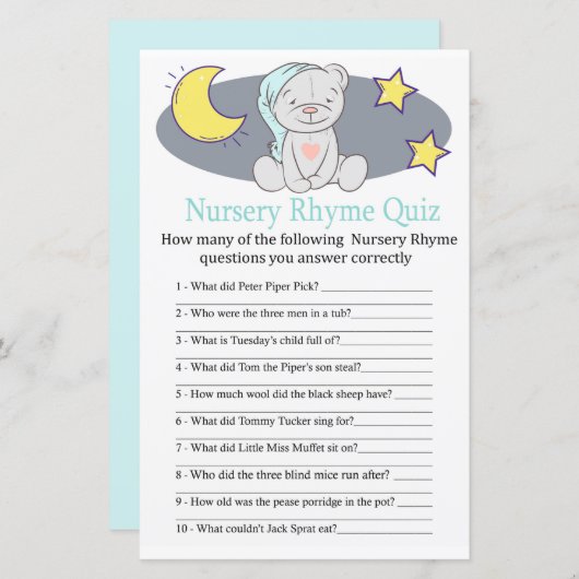 テディベア子供部屋ライムクイズベビーシャワーゲーム (正面/裏面)