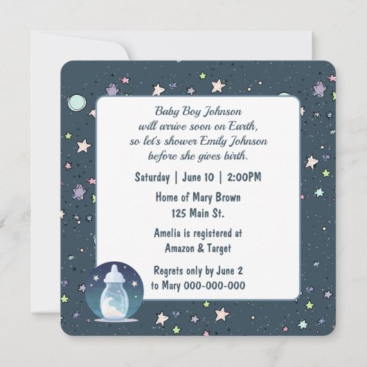 テディベア宇宙飛行士男の赤ちゃんシャワー 招待状 (裏面)