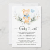 テディベア少年の緑の葉赤ちゃんシャワーの招待客 招待状 (正面)