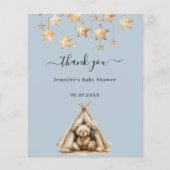 テディベア少年ブルー赤ちゃんシャワーサンキューカード (正面)