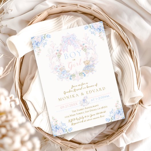 テディベア弓フローラ少年または少女のジェンダーの明かす 招待状