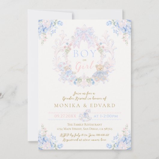 テディベア弓フローラ少年または少女のジェンダーの明かす 招待状 (正面)