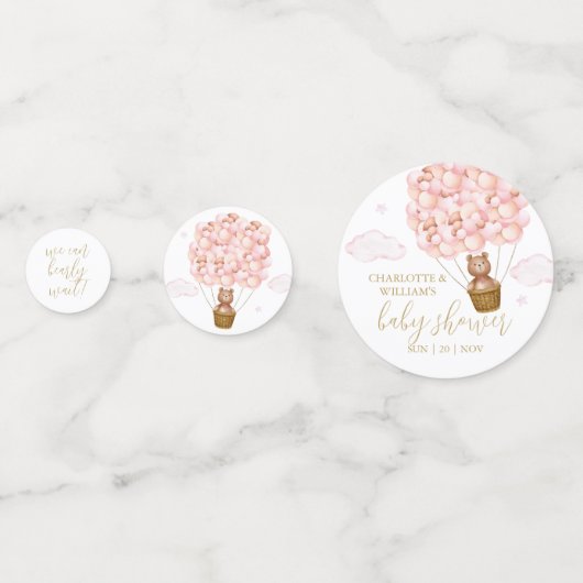 テディベア心待ちピンクガール赤ちゃんシャワー コンフェッティ (正面)