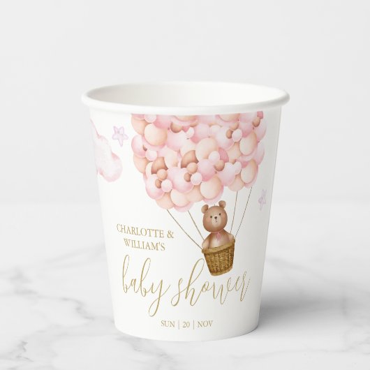 テディベア心待ちピンクガール赤ちゃんシャワー 紙コップ (裏面)