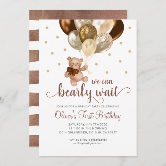 テディベア我々は心底待ち最初の誕生日 招待状 (正面/裏面)
