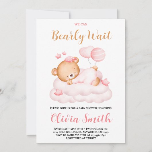 テディベア我々は心待ちできる女の子の赤ちゃんシャワー 招待状 (正面)