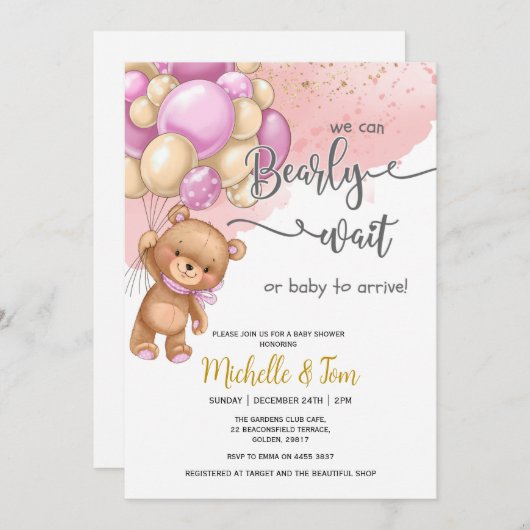 テディベア我々は心待ちできる女の子の赤ちゃんシャワー 招待状 (正面/裏面)