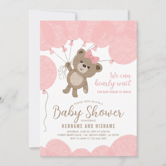 テディベア我々は心待ちできる女の子の赤ちゃんシャワー 招待状 (正面)