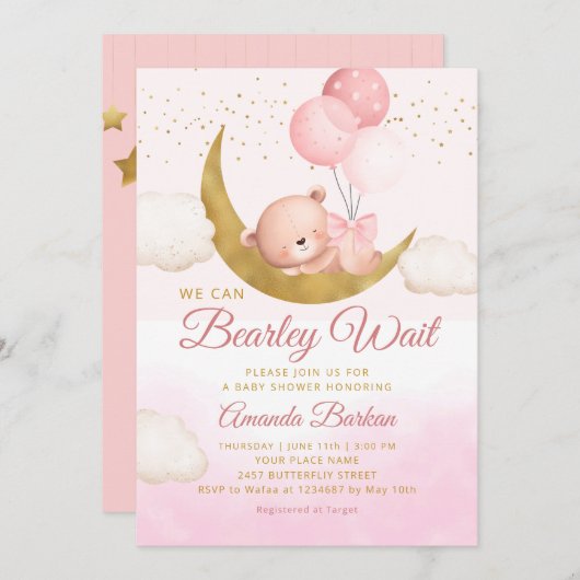 テディベア我々は心待ちできる女の子の赤ちゃんシャワー 招待状 (正面/裏面)