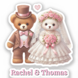 テディベア新郎新婦ピンク結婚ズカスタマイズ シール