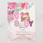 テディベア春の花ベビーシャワー 招待状 (正面/裏面)