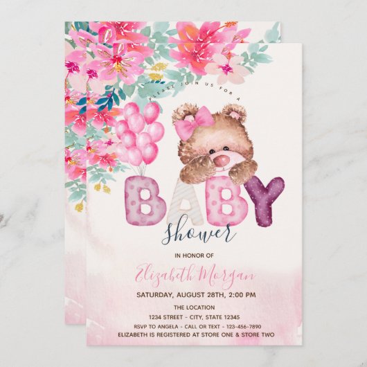 テディベア春の花ベビーシャワー 招待状 (正面/裏面)