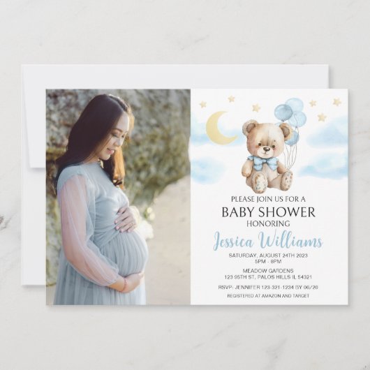 テディベア月と星の赤ちゃんシャワー写真 招待状 (正面)