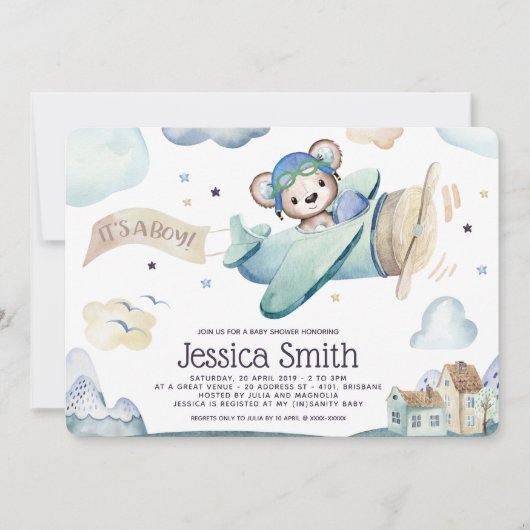 テディベア水彩飛行機ベビーシャワー 招待状 (正面)