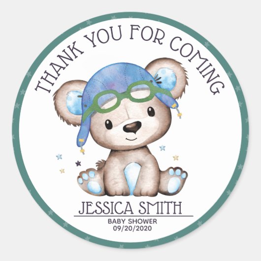 テディベア水彩飛行機 ラウンドシール (正面)