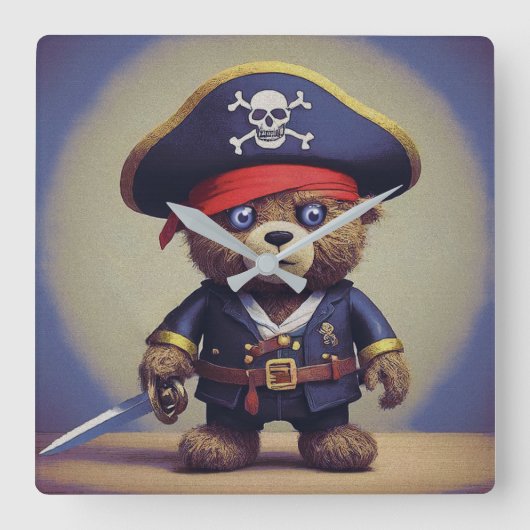 テディベア海賊 スクエア壁時計 (正面)